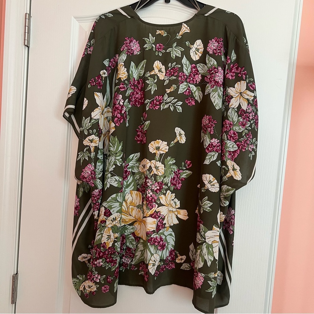 Max Studio Olive Floral Kimono Style Cardigan/ Cover Up - Picture 2 of 4